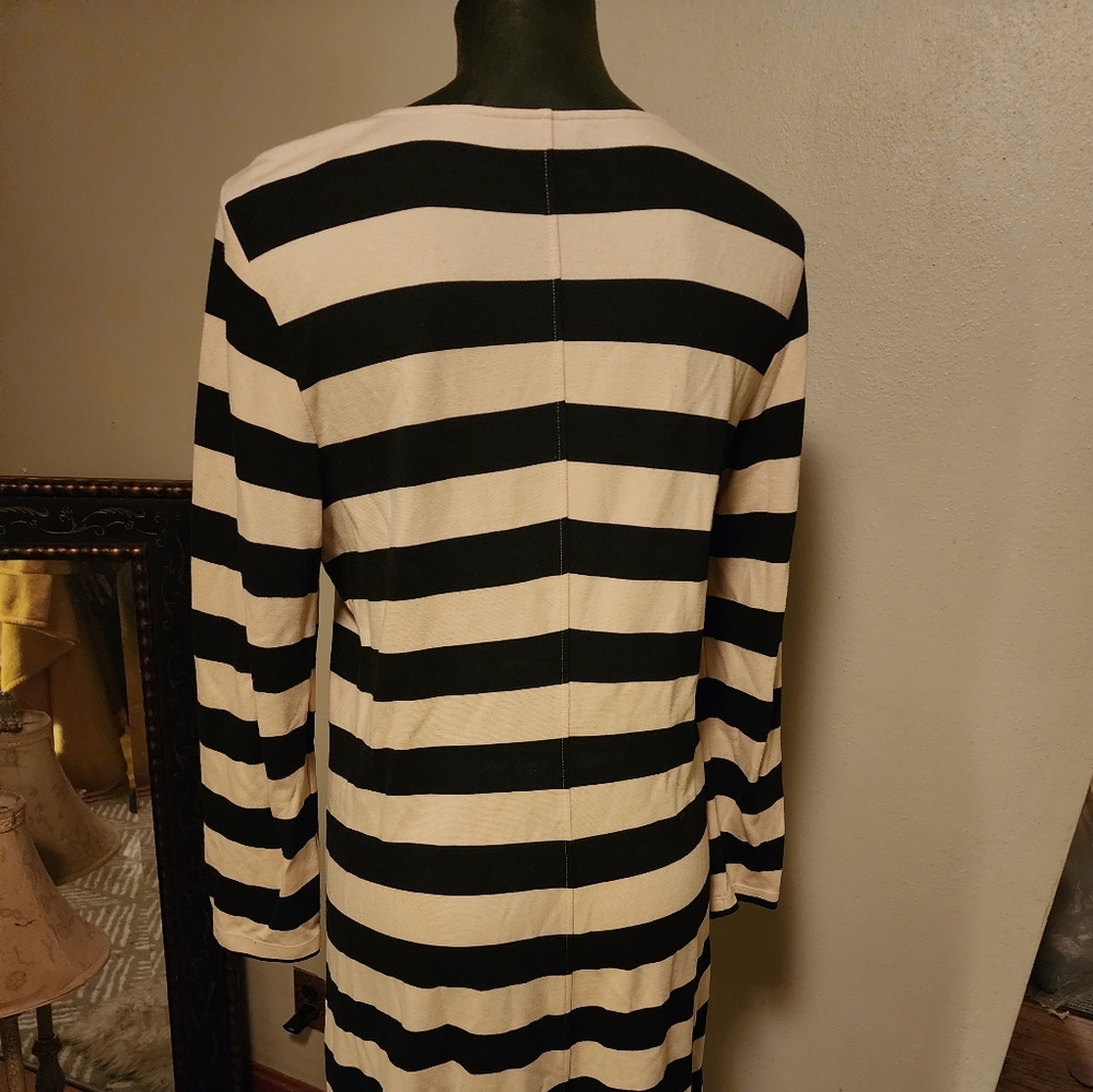 Theory Black/Cream Stripe Three Quarter Sleeve Crew Neck Stretch Dress.  Sz Med - Picture 2 of 5